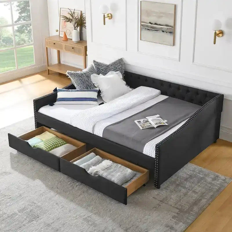 Upholstered Tufted Queen Size Daybed Sofa Bed with Storage Drawers - image 18