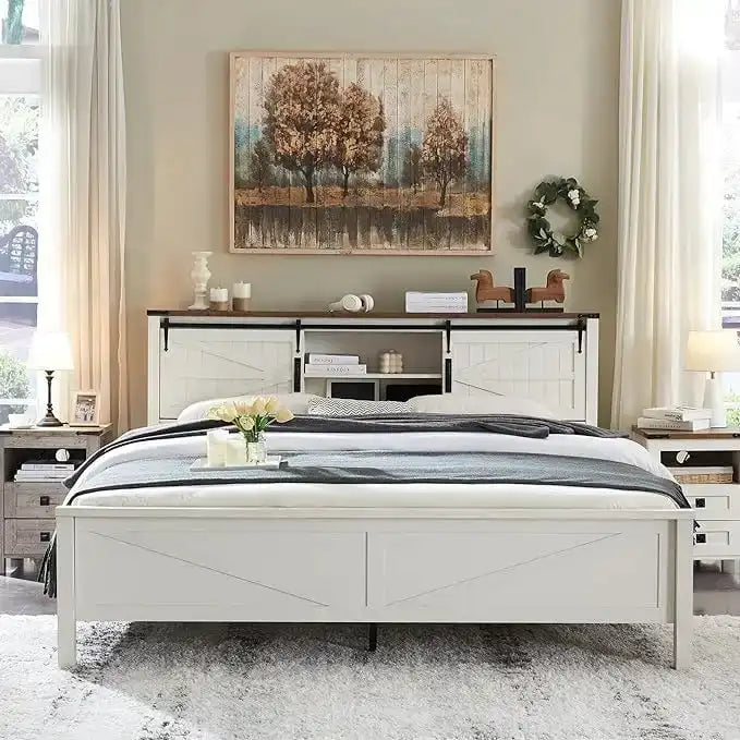 Farmhouse Full Bed Frame with Storage Shelves and Built-in Charging Station - image 11