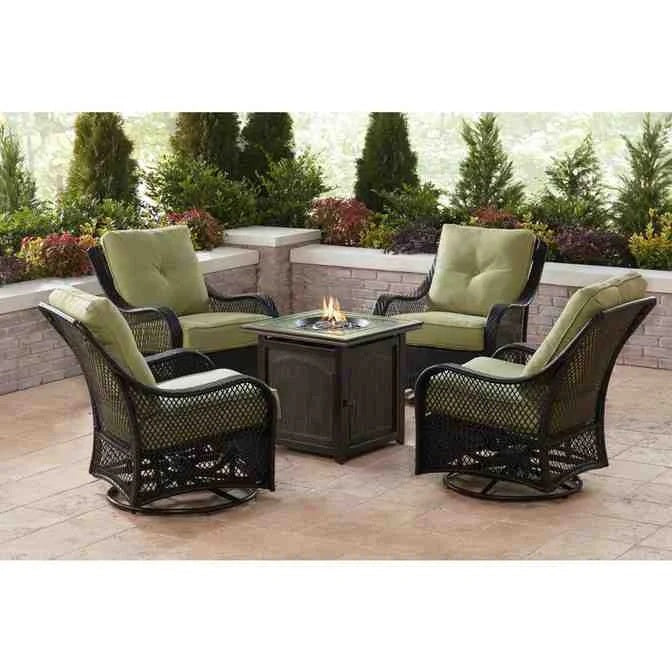 2025 5-piece steel patio fire pit seating set with navy blue cushions, swivel gliders and square fire pit table - image 5