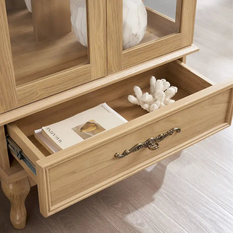 Illuminated Glass Curio Display Cabinet with Adjustable Shelves, Double Doors, and Drawer - Glass Wine Storage Solution - image 17
