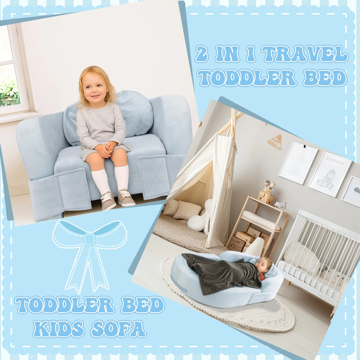 Coumy Toddler Travel Bed 2-in-1 Kids Sofa Chair with Removable Cover, Soft Foam Portable Foldable Toddler Bed for Travel with Carrying Bag, Blue - image 4