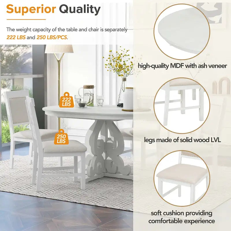 Vintage White 5-Piece Wooden Dining Set with Extendable Table and 4 Chairs - image 8