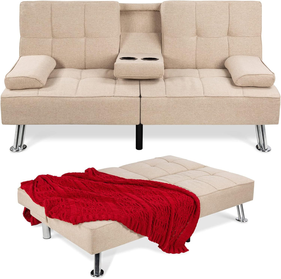 Best Choice Products Linen Upholstered Modern Convertible Folding Futon Sofa Bed for Compact Living Space, Apartment, Dorm, Bonus Room w/Removable Armrests, Metal Legs, 2 Cupholders - Gray - image 1