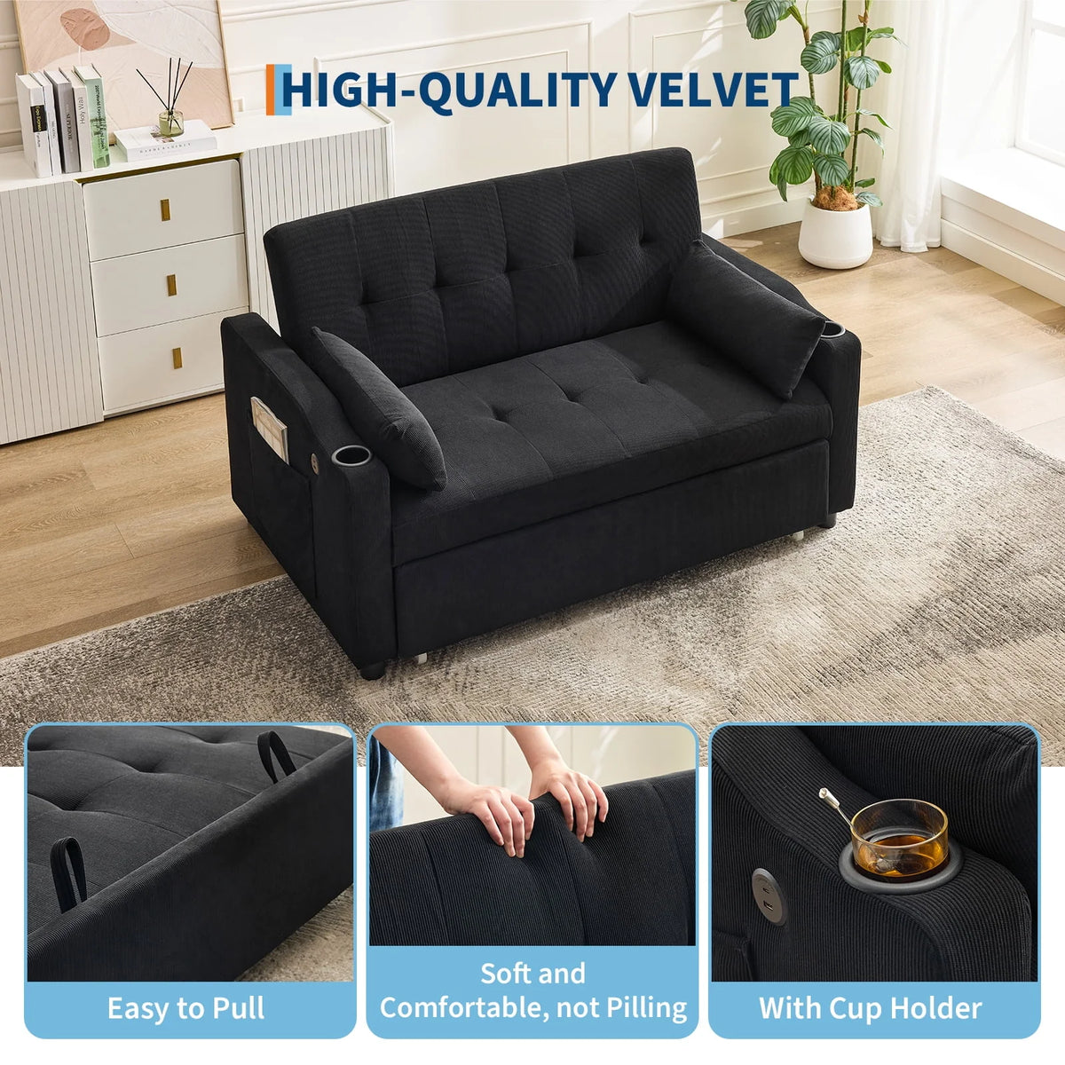 3 in 1 Convertible Sleeper Sofa Bed, Corduroy Futon Couches with Pull-Out Bed, Adjustable Backrest, Charging Port & Side Pockets, Modern Upholstered Sofa for Living Room, Guest Room - image 4