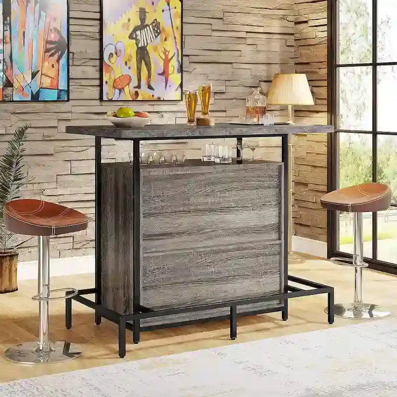 Home Bar Cabinet with Wine Storage Shelves Glass Rack and Footrest - image 6