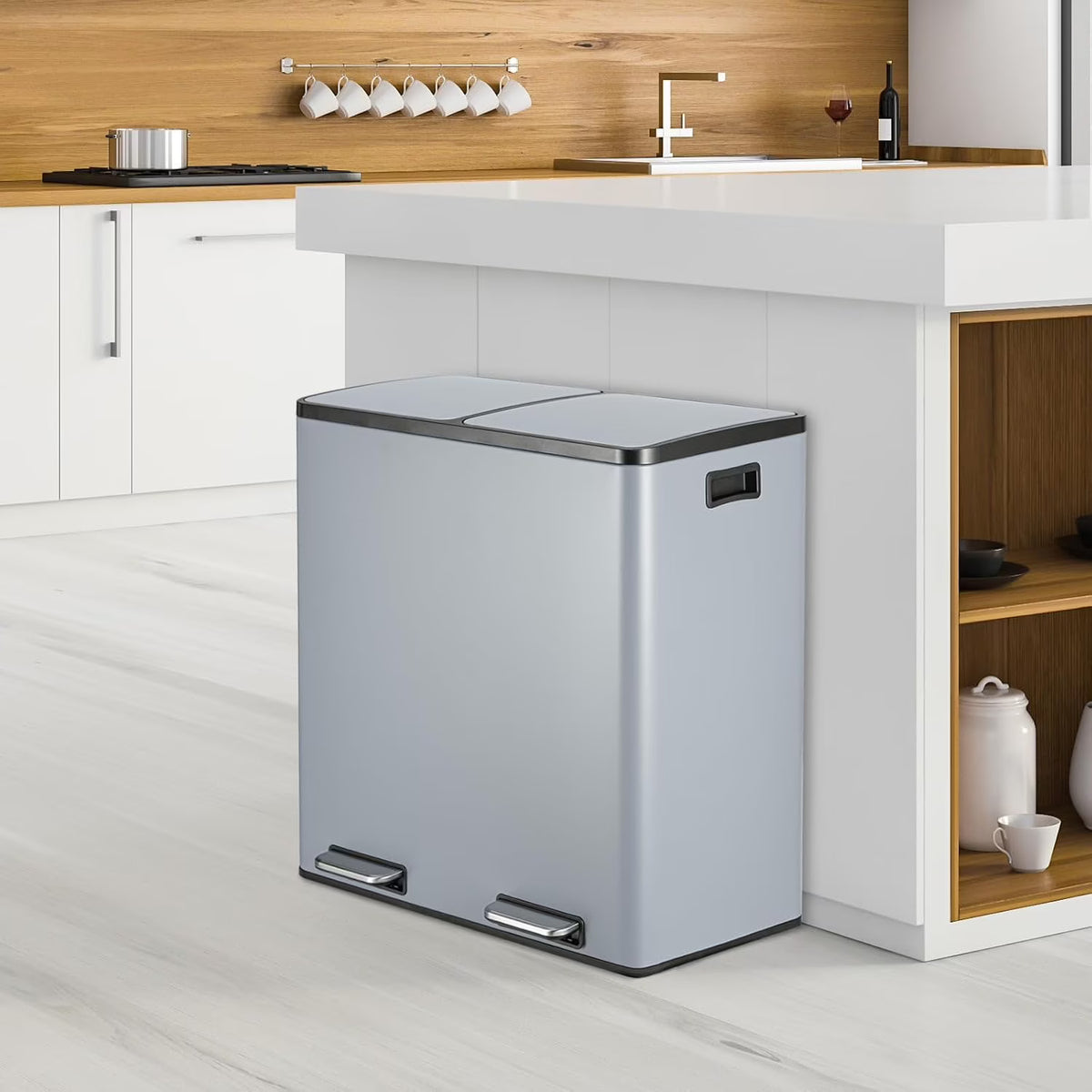 Arlopu 60 L/16 gal Dual Trash Can, Stainless Steel Garbage Can for Kitchen, Recycle Bin with Lid - image 7