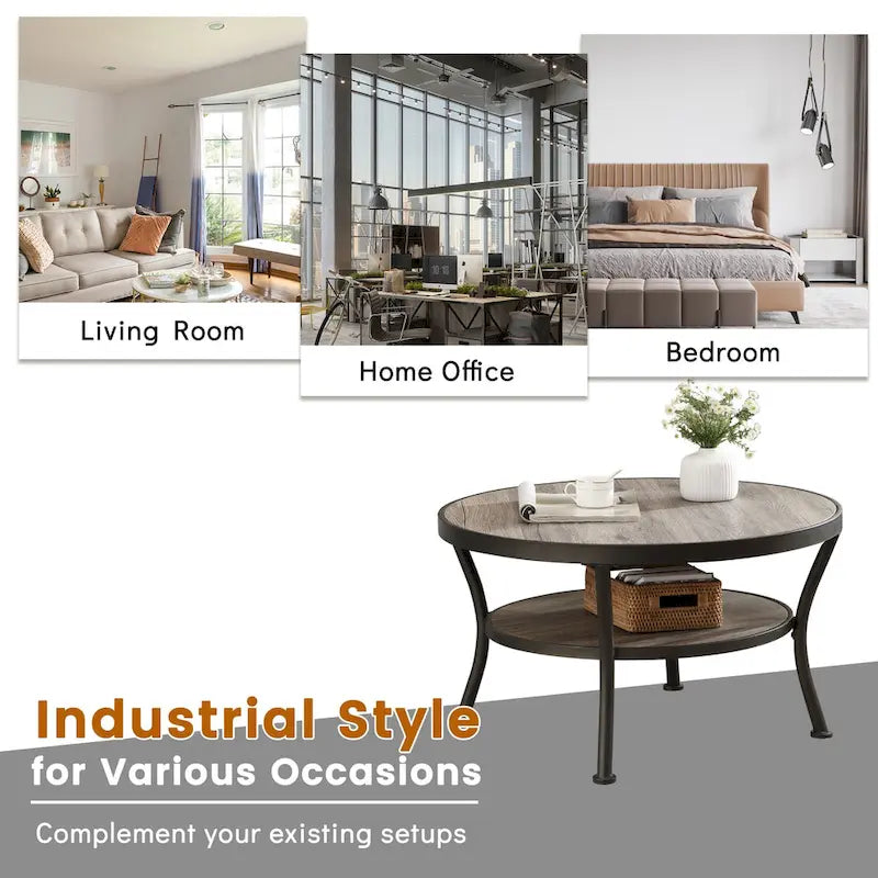 Myhozm Industrial Round Metal Coffee Table with Shelf – Perfect for Living Room, Home Office, and Bedroom - image 15