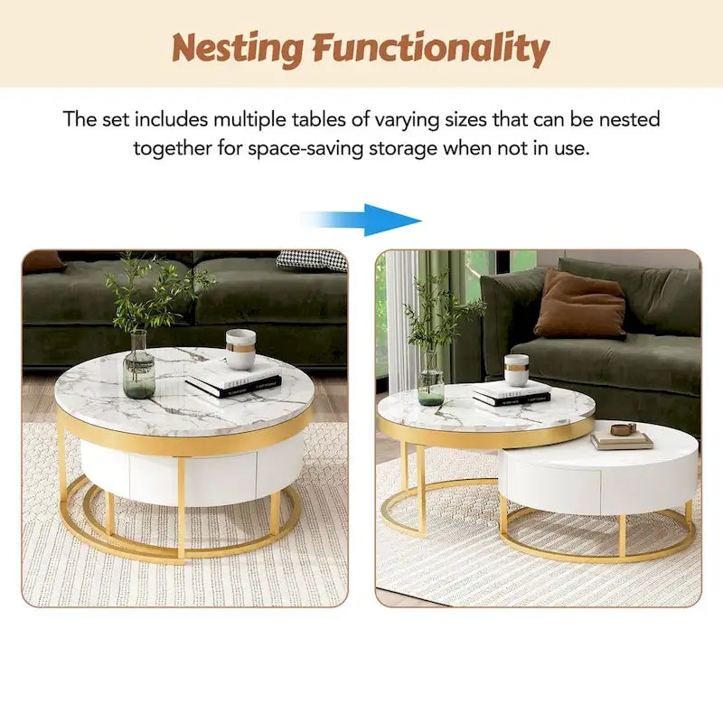 GEITIN Contemporary Round Nesting Coffee Table with Storage Drawers - image 3