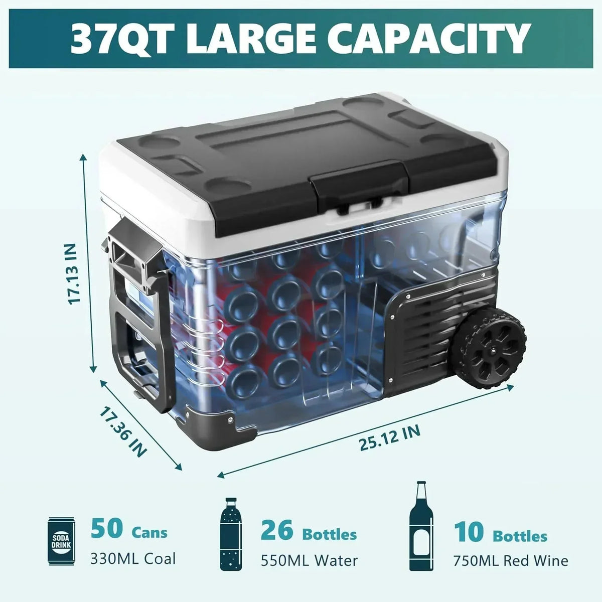 53QT Portable 12V Refrigerator Freezer, Dual Zone Electric Cooler with Wheels, 12V/24V DC & 110-240V AC for Travel, Truck, Boat, Camping - image 10