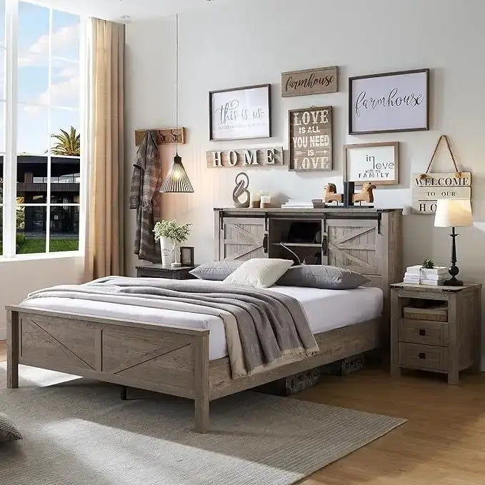 Farmhouse Full Bed Frame with Storage Shelves and Built-in Charging Station - image 2