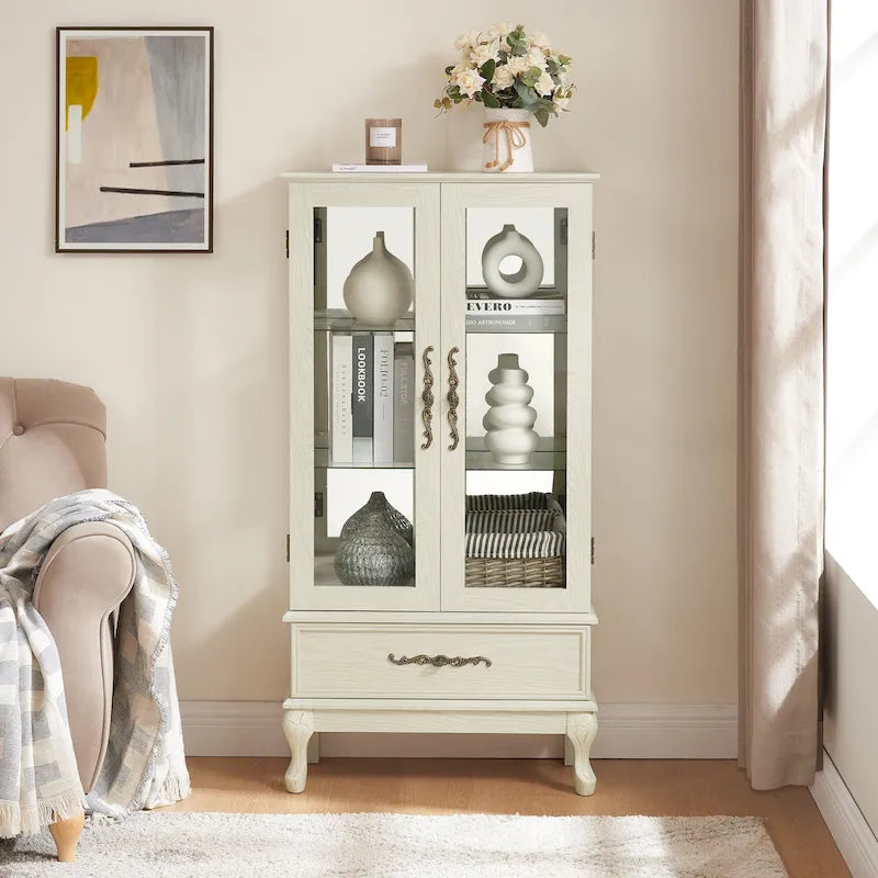 Illuminated Glass Curio Display Cabinet with Adjustable Shelves, Double Doors, and Drawer - Glass Wine Storage Solution - image 2