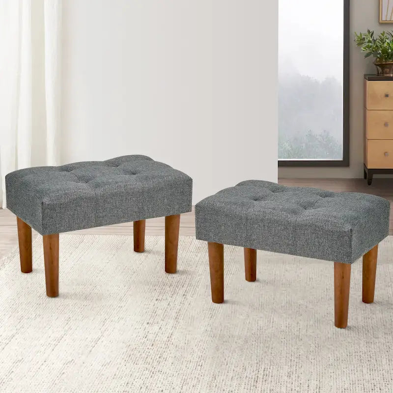 Set of 2 Small Linen Foot Stools with Legs - Rectangle Upholstered Ottoman Footrests - image 11