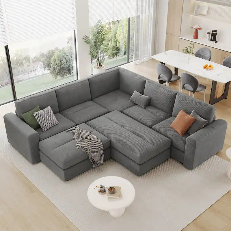 Corduroy Modular Sectional Sofa Bed with Recliner and 2 Movable Ottomans – Perfect for Living Rooms - image 1