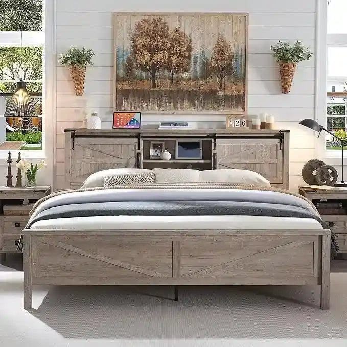 Farmhouse Full Bed Frame with Storage Shelves and Built-in Charging Station - image 32