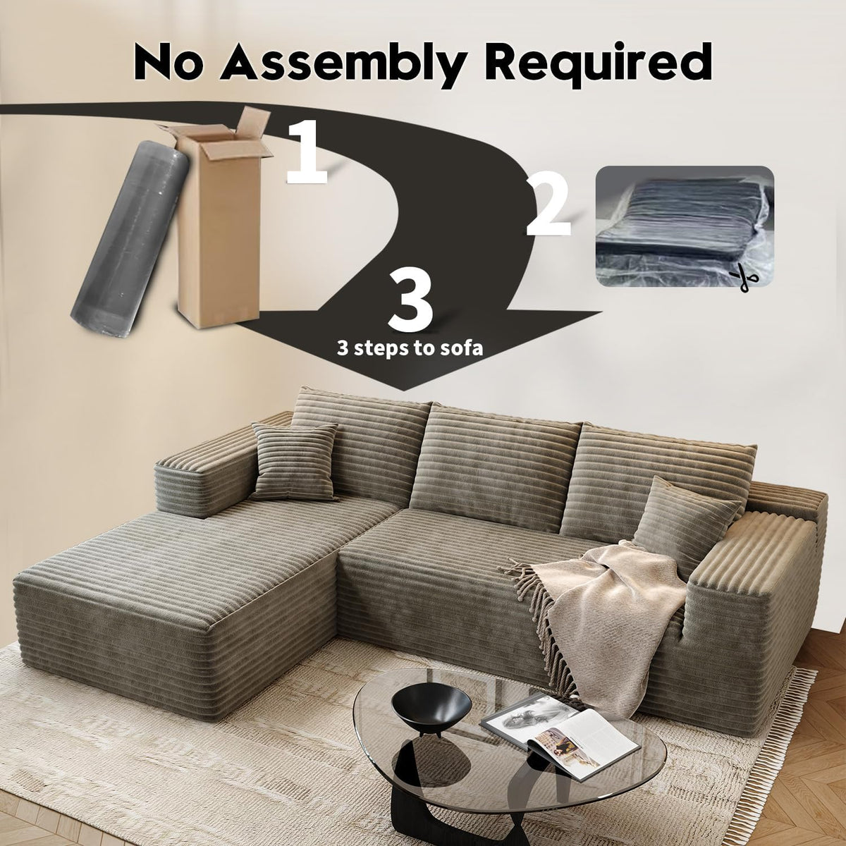 107.5" Cloud Modular Sectional Sofa Couch with L-Shape Chaise,Modern Minimalist Upholstered Couches for Living Room Bedroom,Deep Seat Corner Couch .No Assembly Required (Black,Left Facing Chaise) - image 103