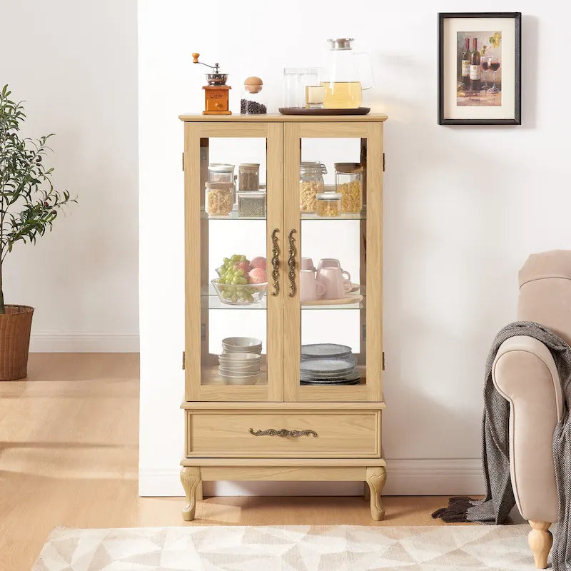 Illuminated Glass Curio Display Cabinet with Adjustable Shelves, Double Doors, and Drawer - Glass Wine Storage Solution - image 14
