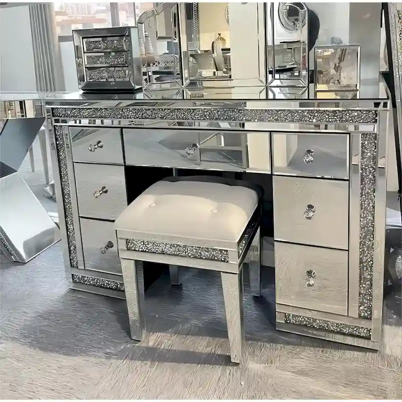 7-Drawer Mirrored Vanity Dressing Makeup Table with Sparkling Diamond - image 1