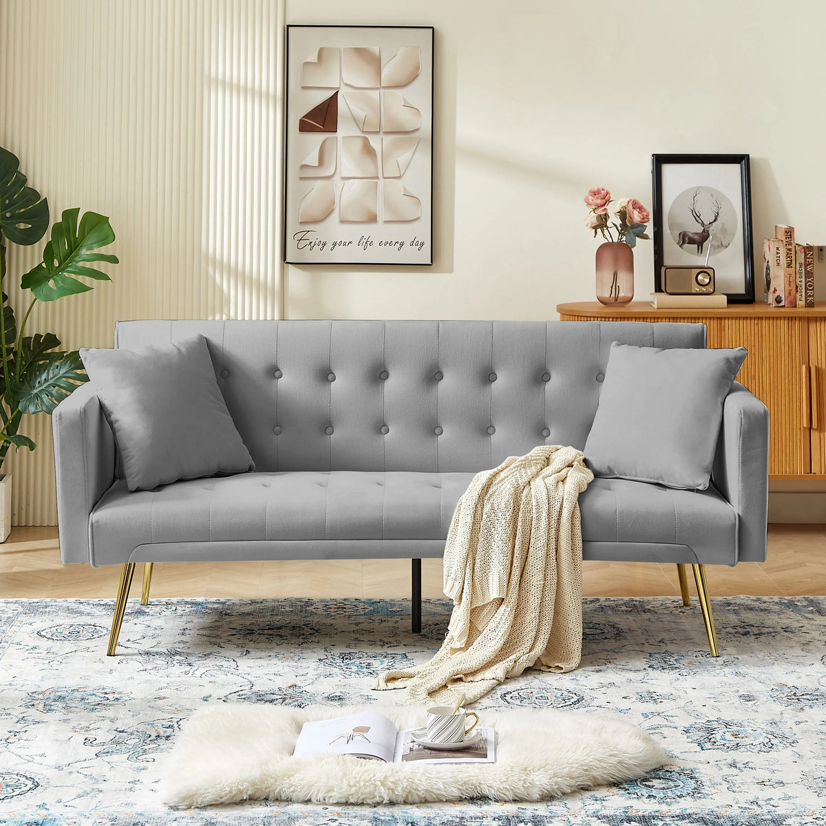 Leumius Velvet Futon Sofa Bed Mid-Century Modern Adjustable Backrest with Pillows, Gray/Gold - image 4