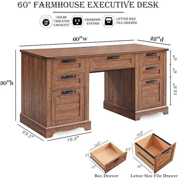 60 Farmhouse Executive Desk, Wood Home Office Desk, Computer Desk - image 16