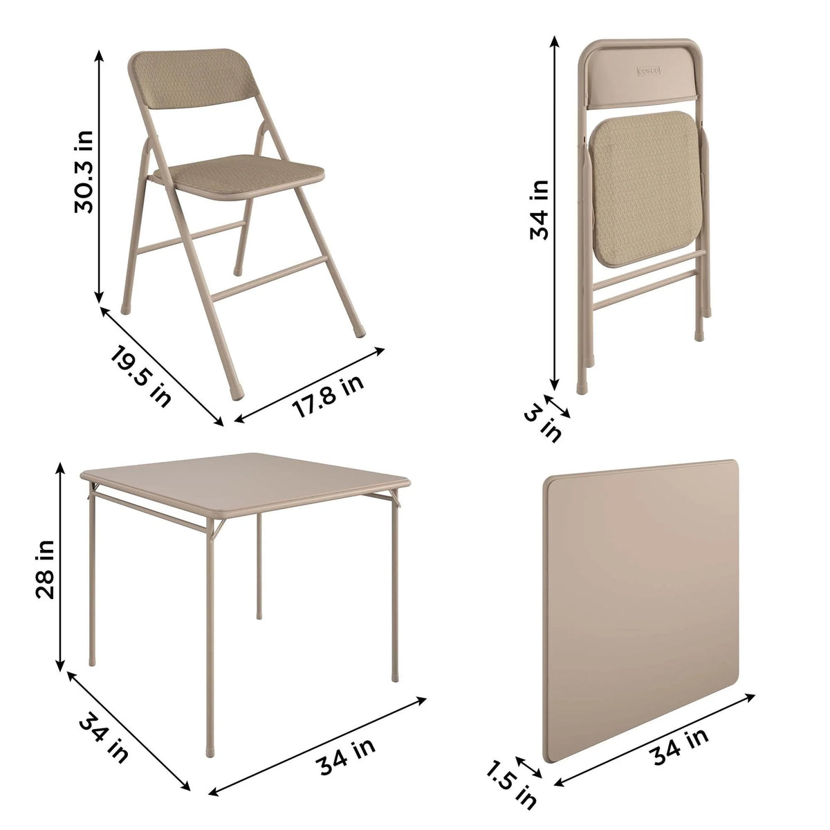 COSCO 5 - Piece Folding Dining Set with Card Table and 4 Fabric Padded Chairs, Tan - image 6