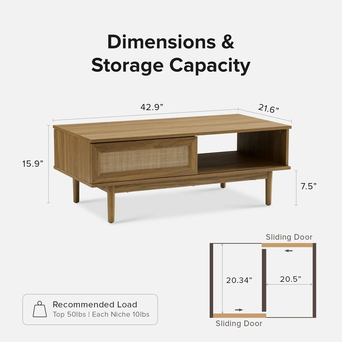 Mopio Ensley Mid Century Modern Rectangle Coffee Table with Dual Storage Shelf, Wood Slat Sliding Door, & Rounded Edge Protection for Living Room, Walnut Grain - image 24