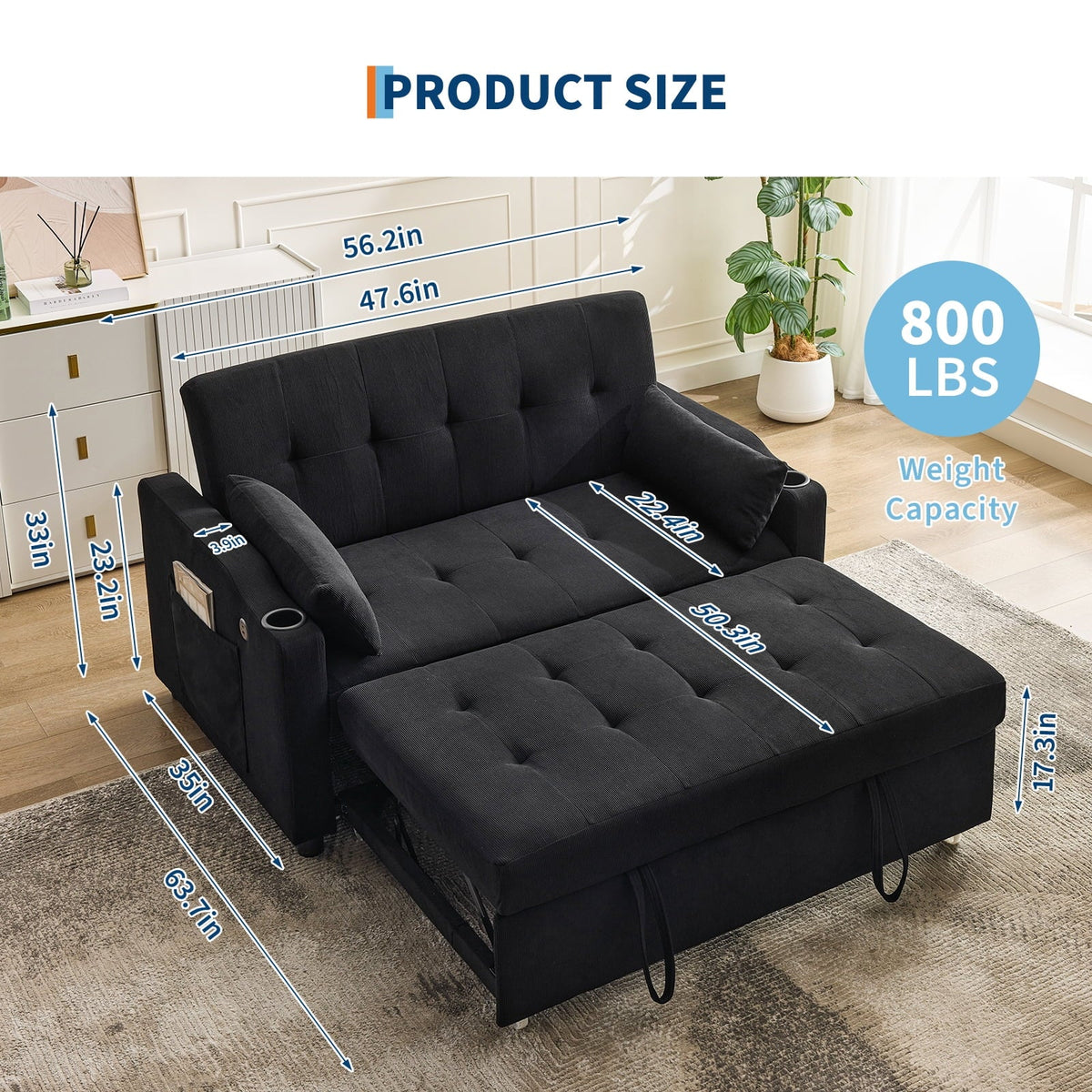 3 in 1 Convertible Sleeper Sofa Bed, Corduroy Futon Couches with Pull-Out Bed, Adjustable Backrest, Charging Port & Side Pockets, Modern Upholstered Sofa for Living Room, Guest Room - image 2