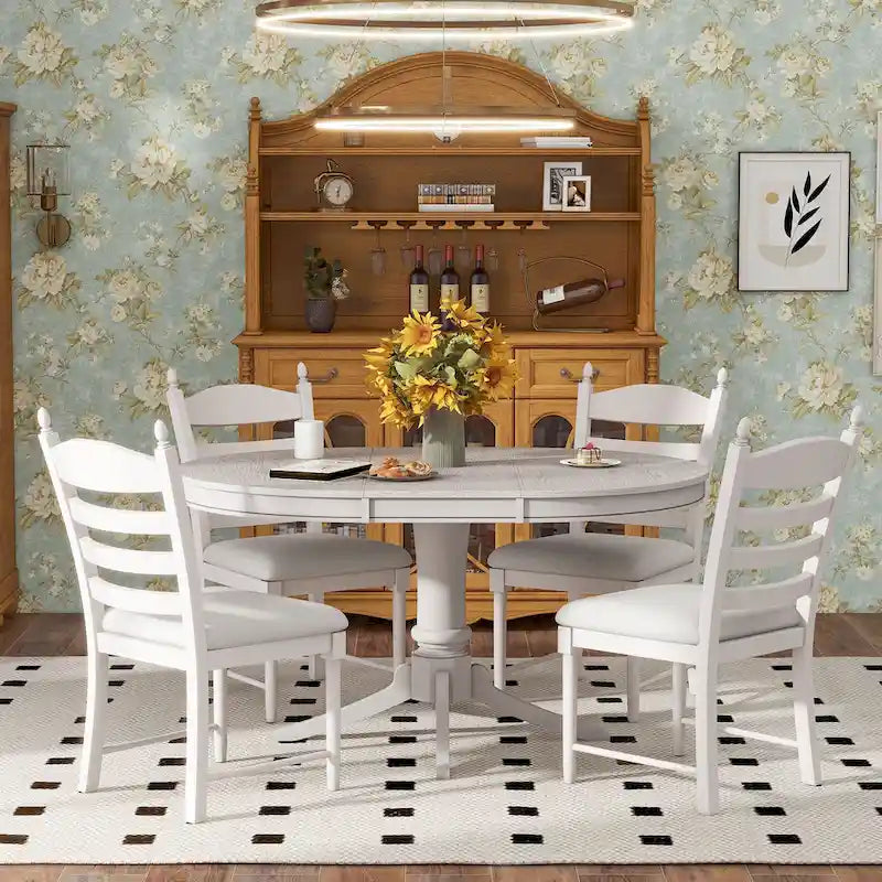 5-Piece Retro Wood Dining Set: Round Extendable Table with 4 Upholstered Chairs - image 1