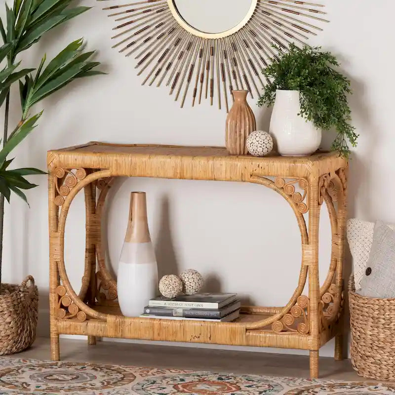 Modern Bohemian Light Honey Rattan Console Table by Bali & Pari - Ramona Collection - image 1