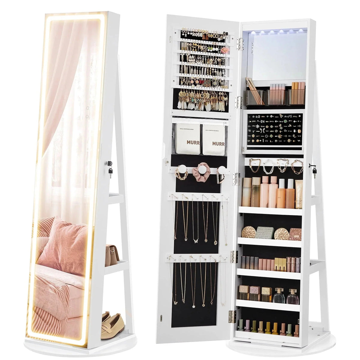 SONGMICS LED Mirror Jewelry Cabinet Standing Jewelry Armoire Organizer Box with Full-Length Mirror and Adjustable LED Lights White - image 1