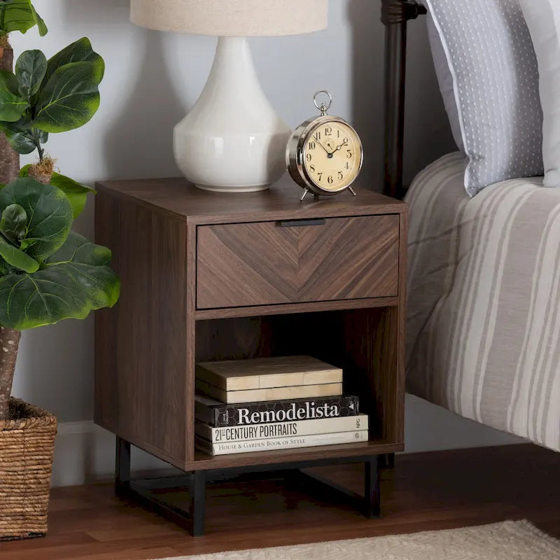 Sadia Contemporary Walnut Brown Wood and Black Metal 1-Drawer Side Table - image 1