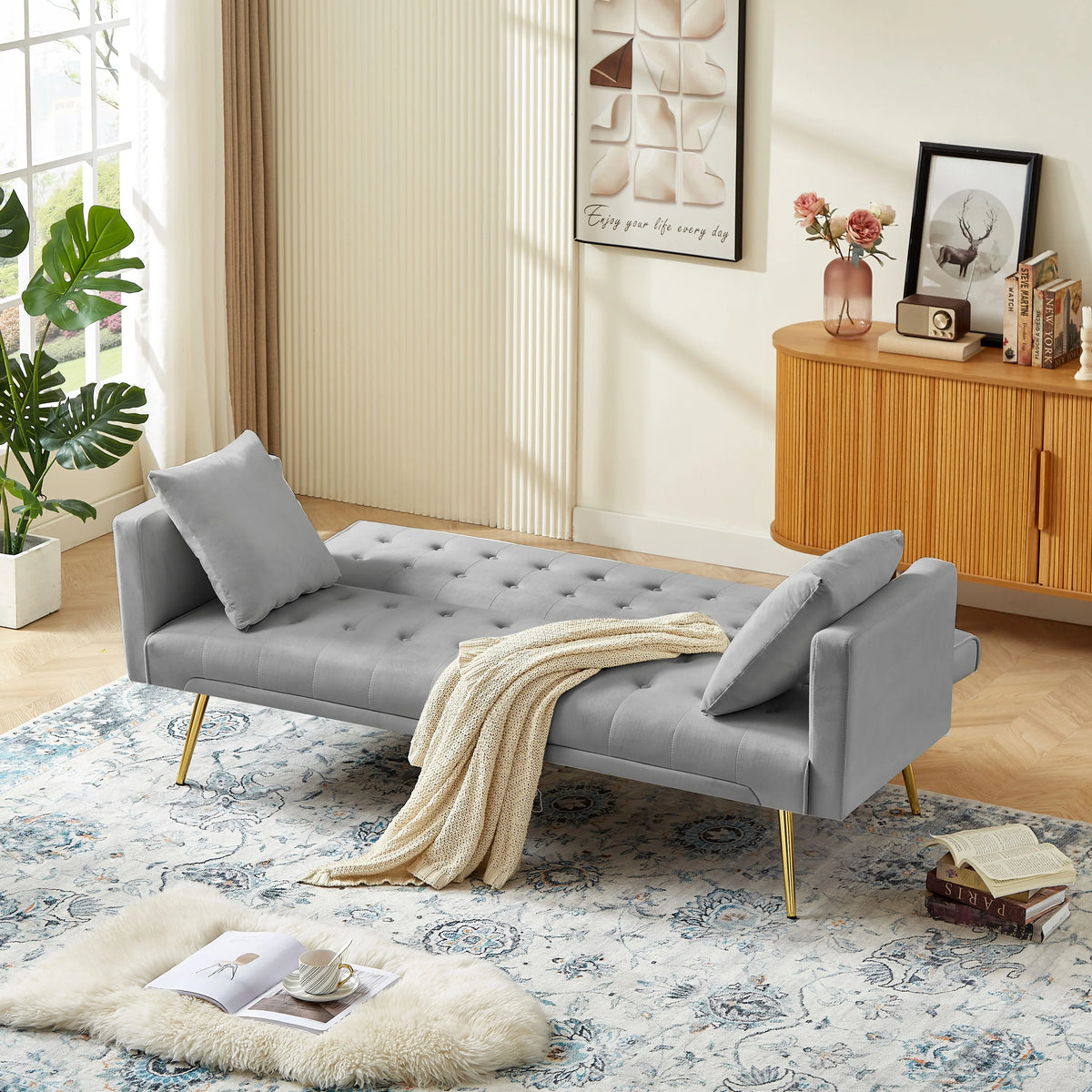 Leumius Velvet Futon Sofa Bed Mid-Century Modern Adjustable Backrest with Pillows, Gray/Gold - image 10