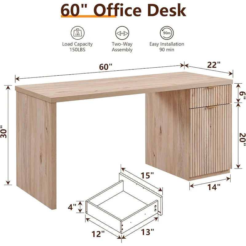60-Inch Contemporary Executive Desk - Wooden Home Office & Fluted Computer Desk - image 3