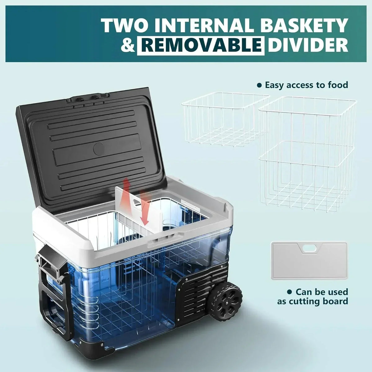 53QT Portable 12V Refrigerator Freezer, Dual Zone Electric Cooler with Wheels, 12V/24V DC & 110-240V AC for Travel, Truck, Boat, Camping - image 5