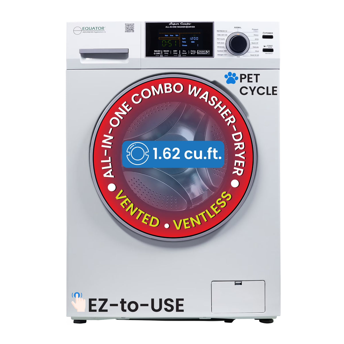 Equator Combination Washer Dryer Ventless/Vented Pet cycle 1.62cf/15lbs 110V with Adjustable legs - image 1