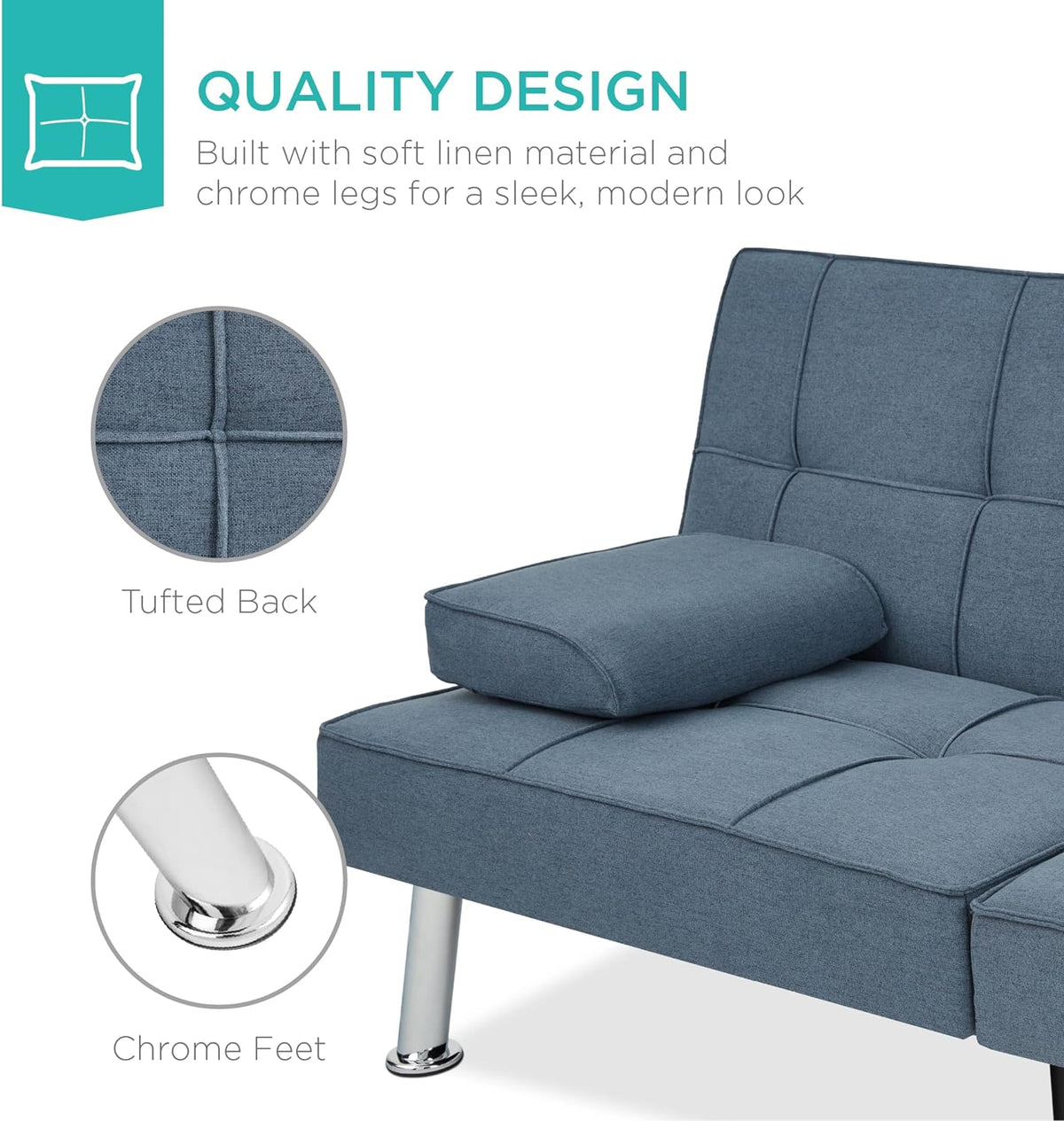 Best Choice Products Linen Upholstered Modern Convertible Folding Futon Sofa Bed for Compact Living Space, Apartment, Dorm, Bonus Room w/Removable Armrests, Metal Legs, 2 Cupholders - Gray - image 15