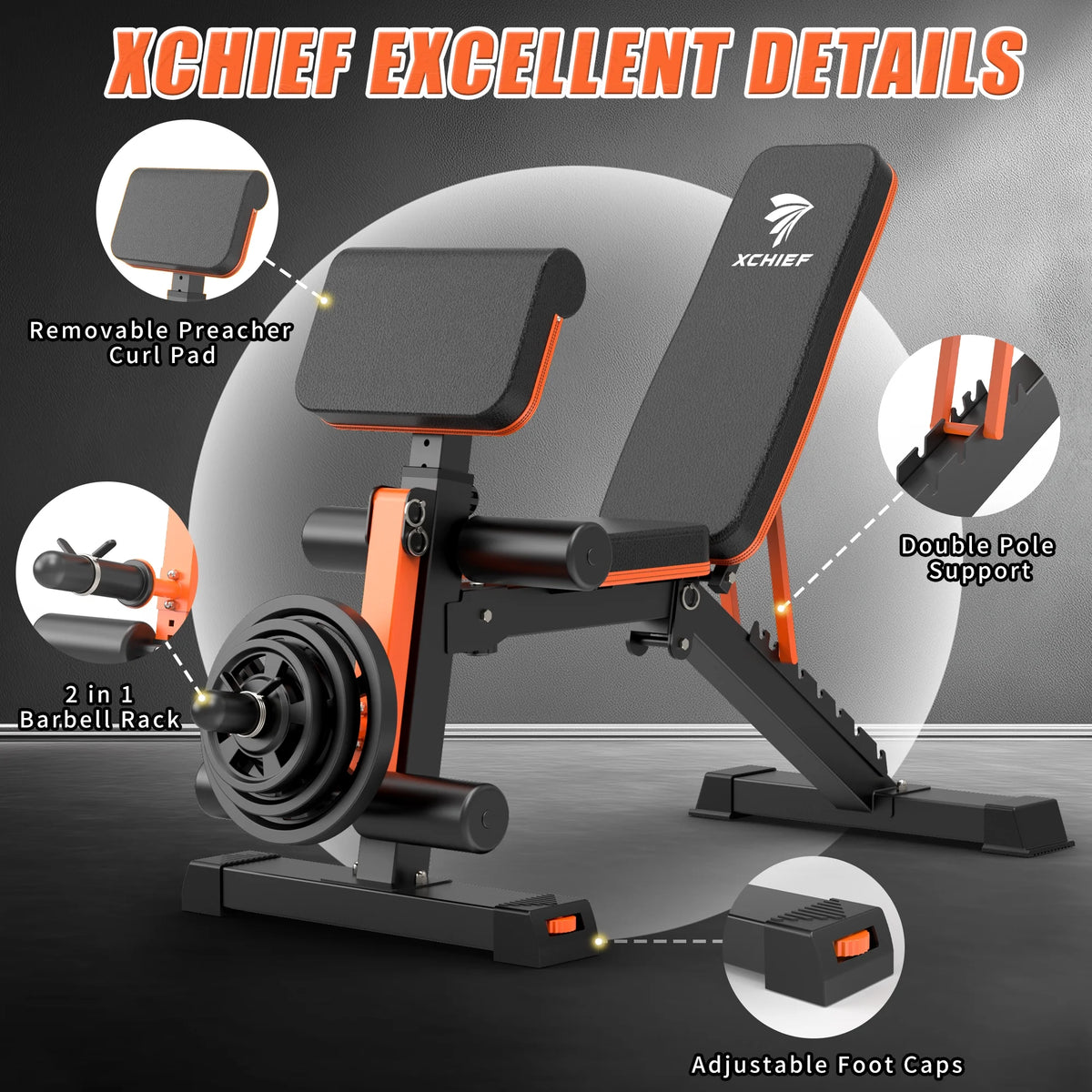 XCHIEF Adjustable Weight Bench - 1000 lbs Heavy Duty Foldable Workout Benchs Press with Leg Extension & Preacher Pad, Flat/Incline/Decline for Home Gym - image 7