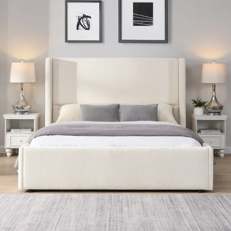 Upholstered Platform Bed with Wingback Headboard and Slat Support - image 3