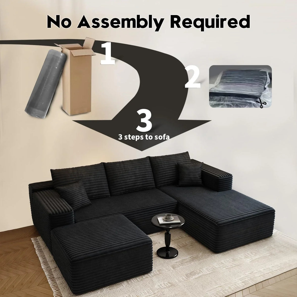 107.5" Cloud Modular Sectional Sofa Couch with L-Shape Chaise,Modern Minimalist Upholstered Couches for Living Room Bedroom,Deep Seat Corner Couch .No Assembly Required (Black,Left Facing Chaise) - image 75