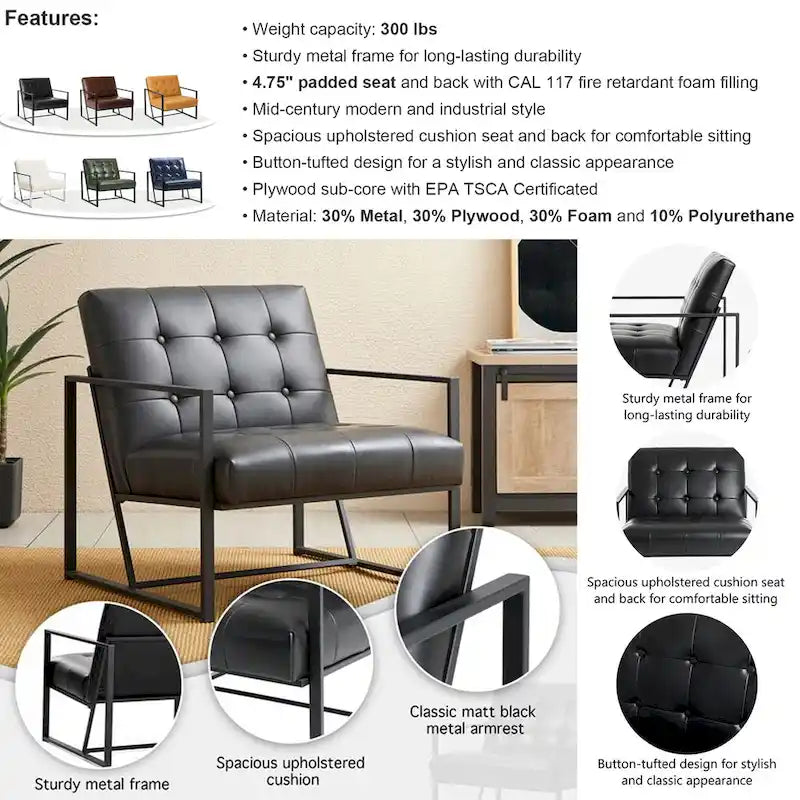 Glitzhome Set of 2 Mid-Century Tufted Accent Chairs in 29.25W PU Leather - image 17