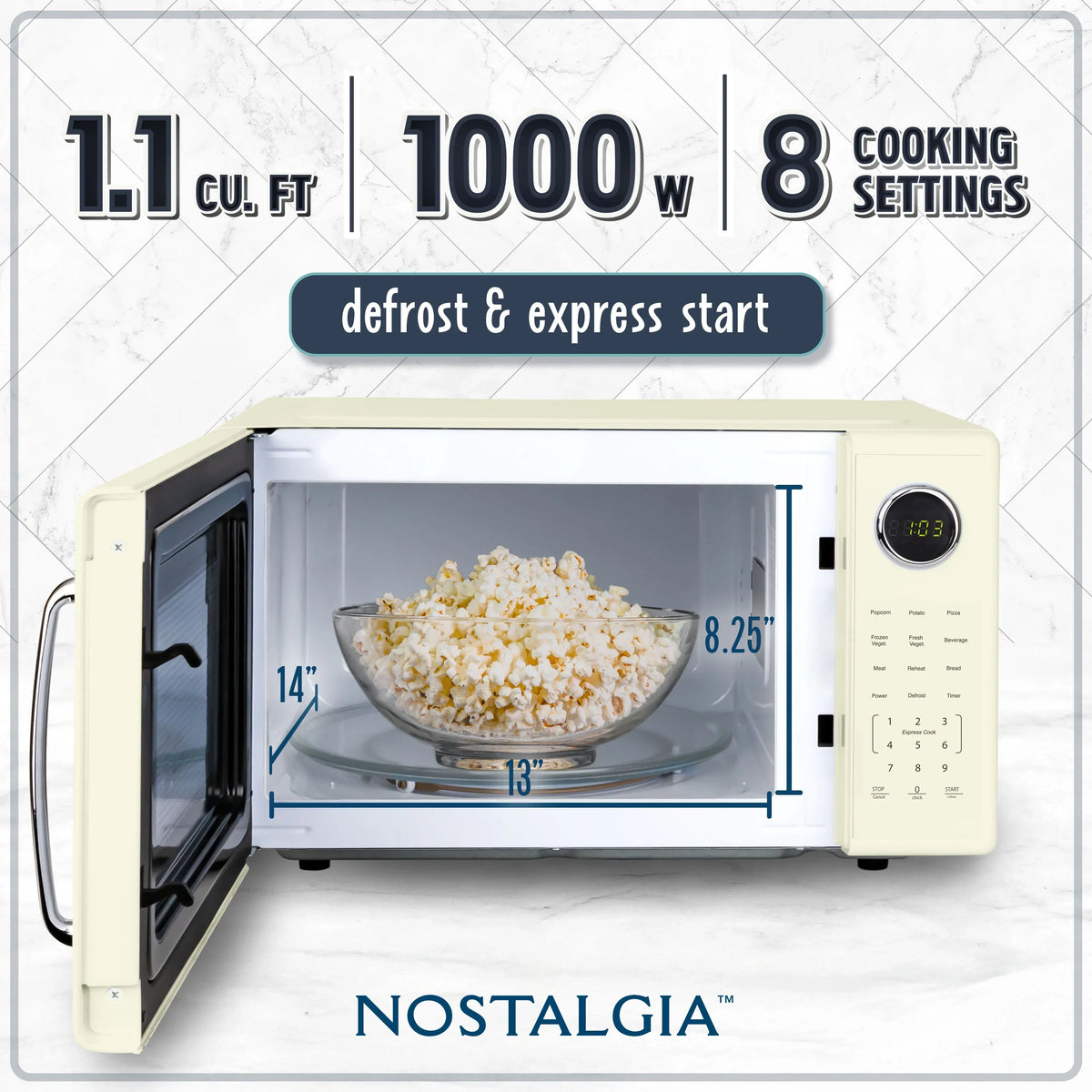 Nostalgia Retro Microwave Oven - 1.1 Cu Ft & 1000-Watt Countertop Size with Glass Turntable, Child Safety Lock, 8 Auto-Cook Programs & Digital Clock - Black - image 14