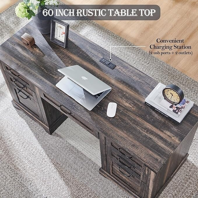 60 Farmhouse Executive Desk, Wood Home Office Desk, Computer Desk - image 22