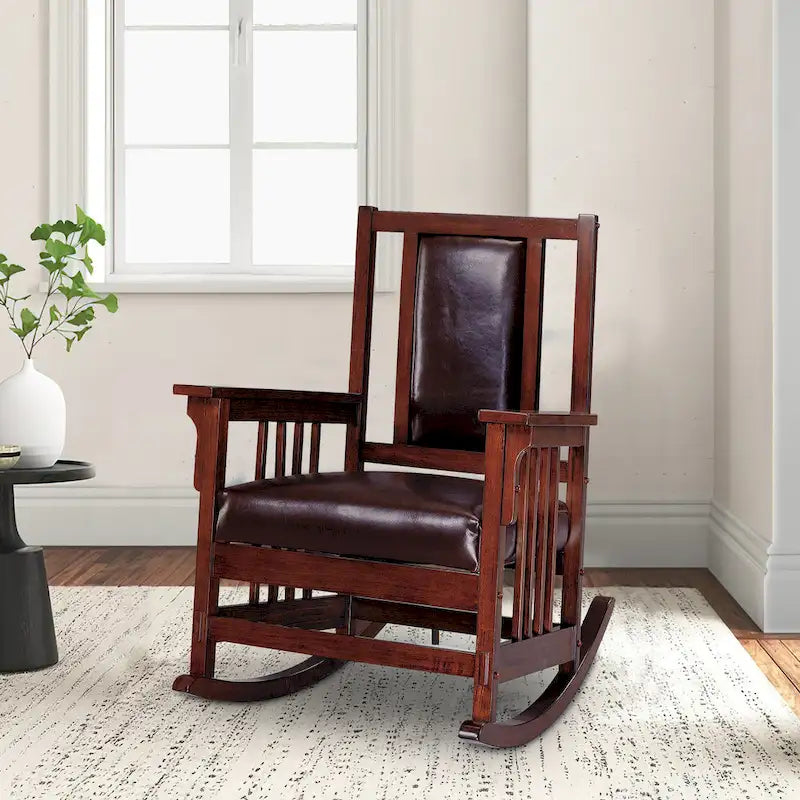 Mission Style Rocking Chair with Leather Upholstered Seat and Back in Tobacco and Dark Brown - image 1
