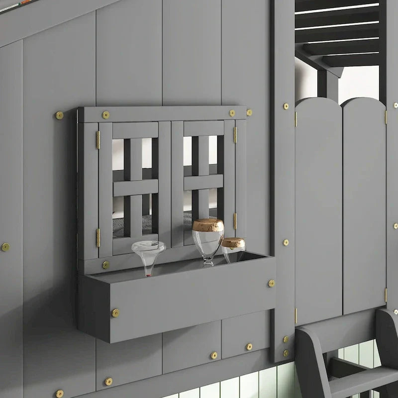 Twin over Twin House Bunk Bed with Roof , Window, Window Box, Door , with Safety Guardrails and Ladder, Grey - image 7