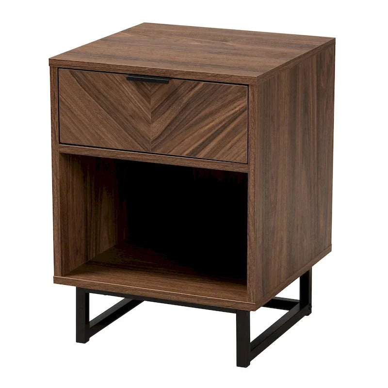 Sadia Contemporary Walnut Brown Wood and Black Metal 1-Drawer Side Table - image 2