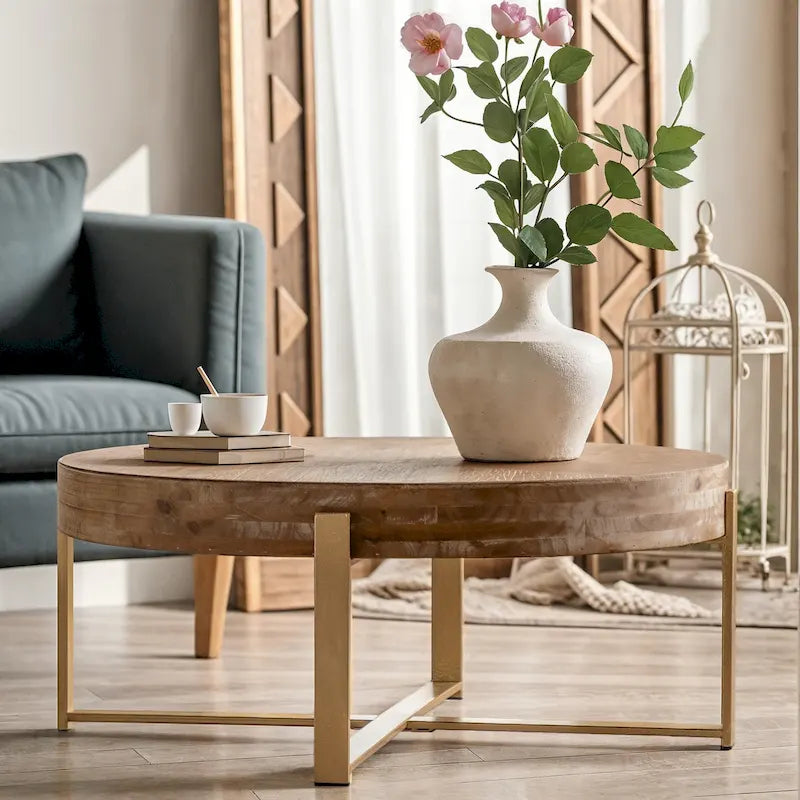 33.86" Modern Retro Round Coffee Table with Cross-Leg Base and Wooden Splicing Design - image 2