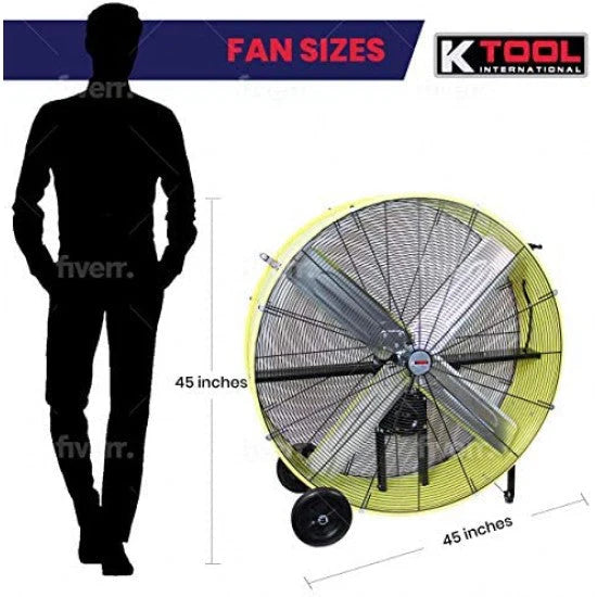 K Tool International 42′′ Belt Drive Drum Fan; Industrial, Garage, Shop, High Speed 2-Speed, Durable, Cut-Off Protection, Easy Mobility Rubber Wheels; SAFETY YELLOW KTI77743 - image 6
