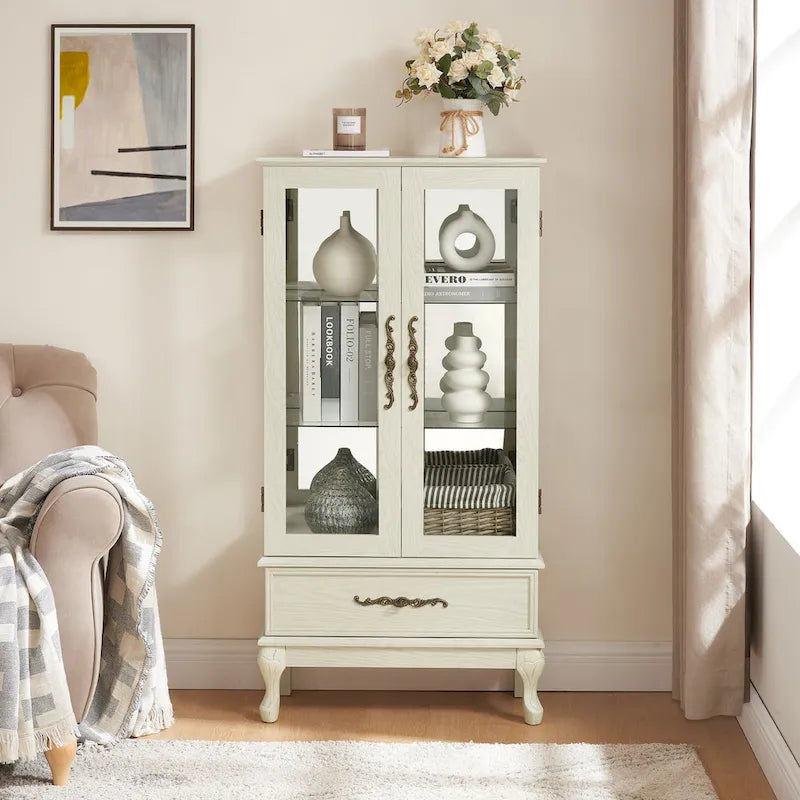 Illuminated Glass Curio Display Cabinet with Adjustable Shelves, Double Doors, and Drawer - Glass Wine Storage Solution - image 1