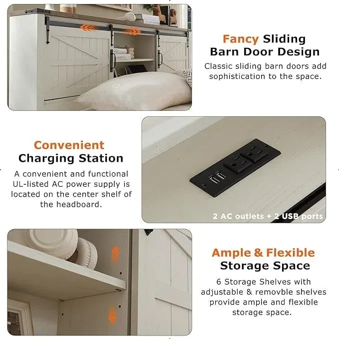 Farmhouse Full Bed Frame with Storage Shelves and Built-in Charging Station - image 7
