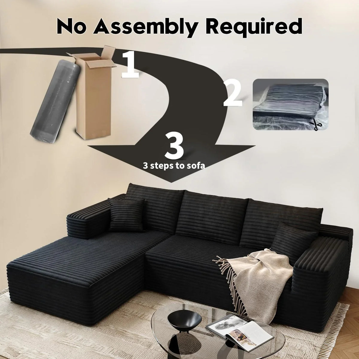 107.5" Cloud Modular Sectional Sofa Couch with L-Shape Chaise,Modern Minimalist Upholstered Couches for Living Room Bedroom,Deep Seat Corner Couch .No Assembly Required (Black,Left Facing Chaise) - image 91