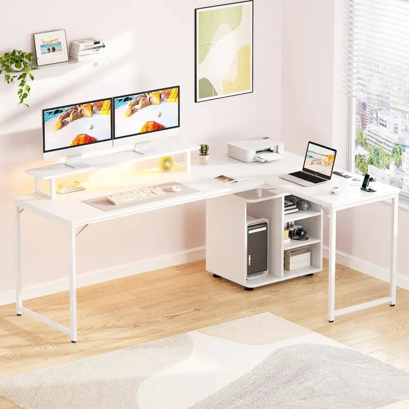 58.3-Inch L-Shaped Gaming Desk with Storage Cube, USB Ports, and LED Lighting - Office Computer Table - image 1